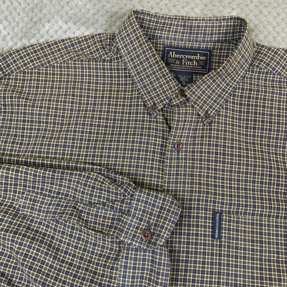 Abercrombie & Fitch Shirt Mens XL Blue Tan Plaid Cotton Button Down Y2K - Picture 2 of 7